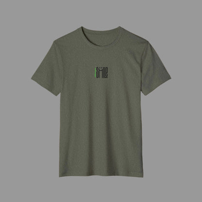 Green t-shirt with 'smile' text on a white background