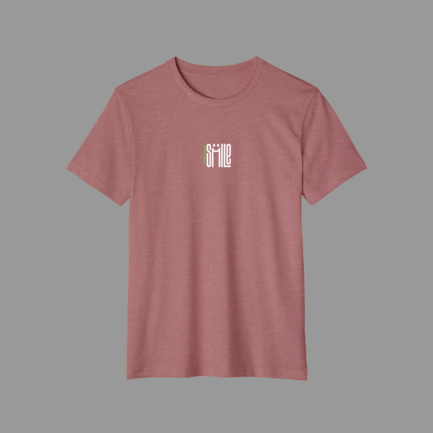 Mauve t-shirt with 'smile' graphic on a white background