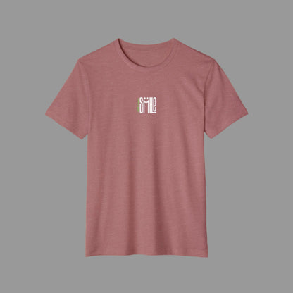 Mauve t-shirt with 'smile' graphic on a white background