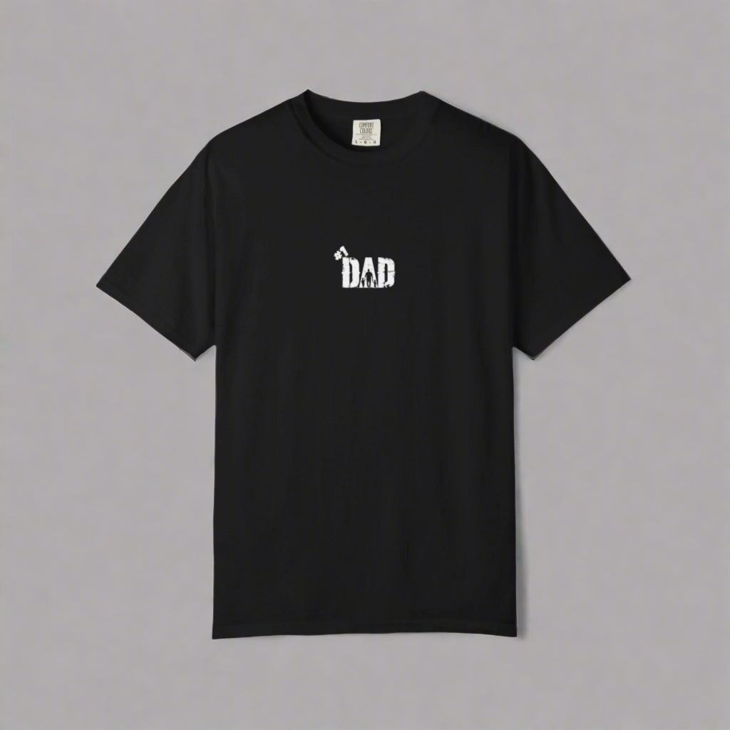 Black t-shirt with 'DAD' text on a white background