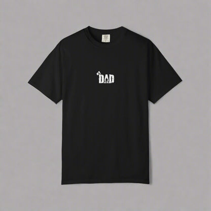 Black t-shirt with 'DAD' text on a white background