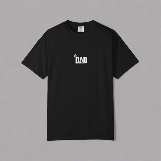 Black t-shirt with 'DAD' text on a white background