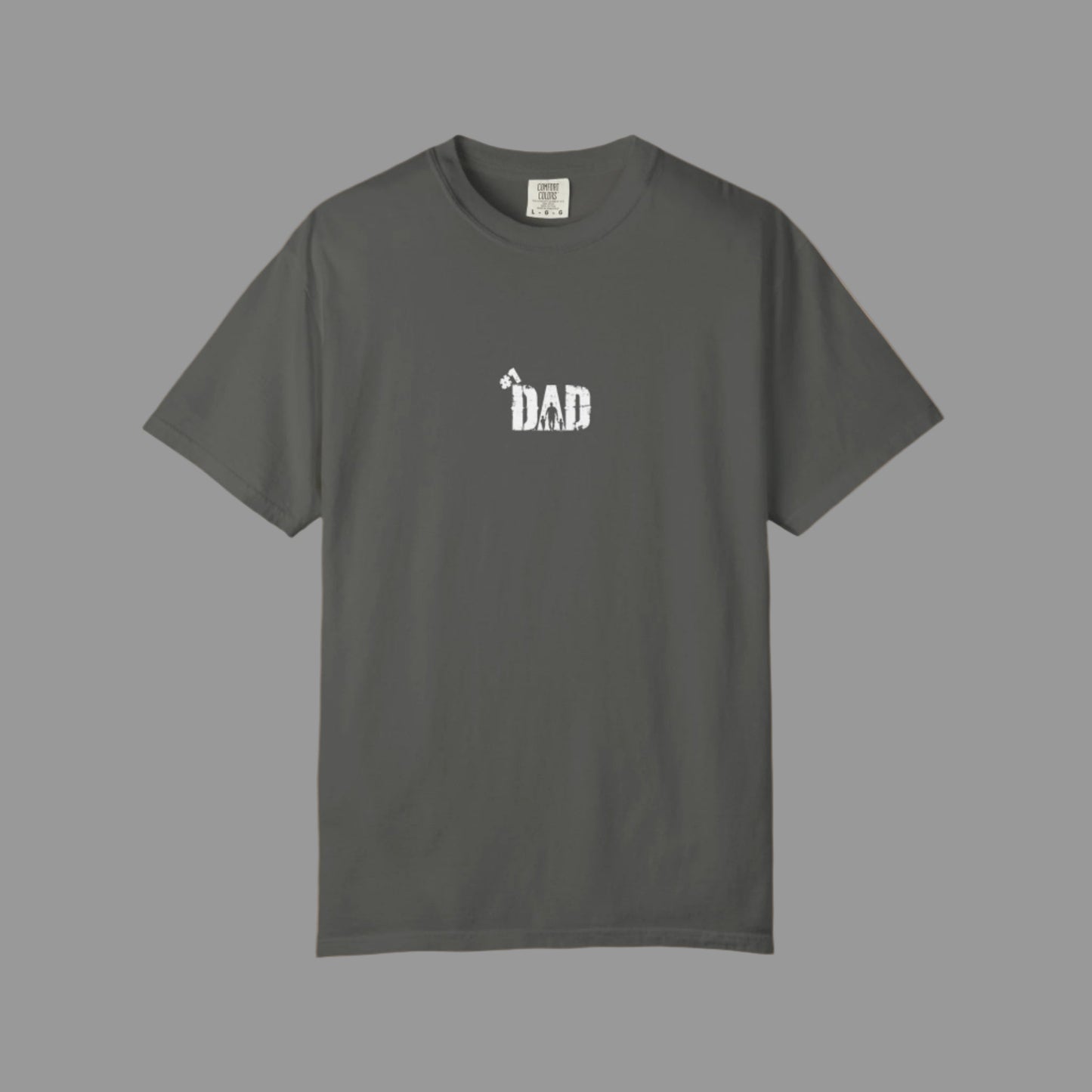 Gray t-shirt with 'DAD' text on a white background