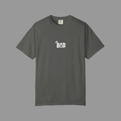 Gray t-shirt with 'DAD' text on a white background