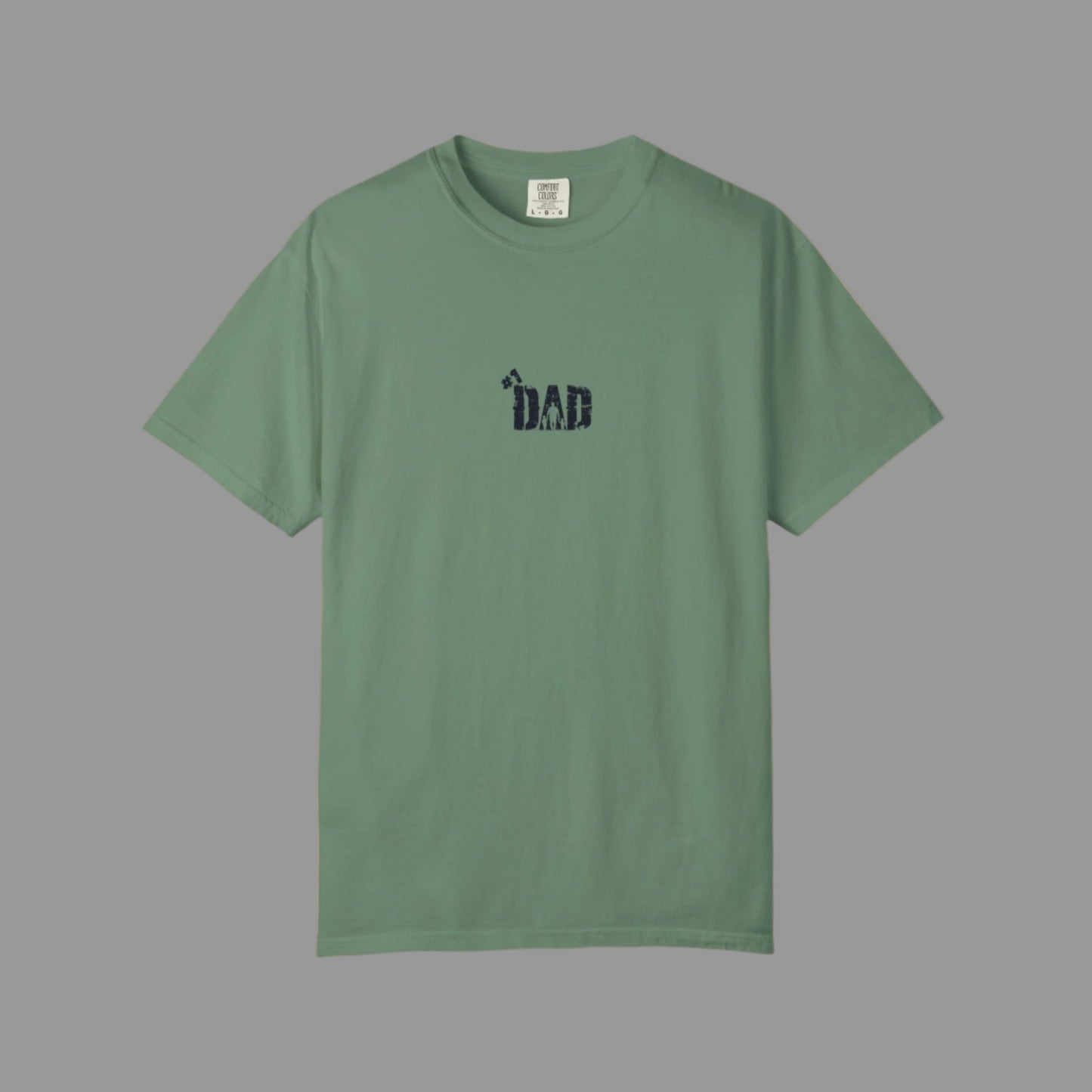 Green t-shirt with 'DAD' text on a white background