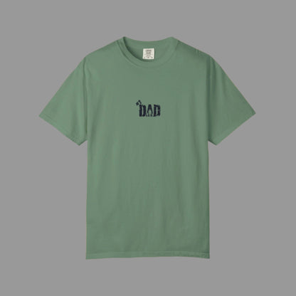 Green t-shirt with 'DAD' text on a white background