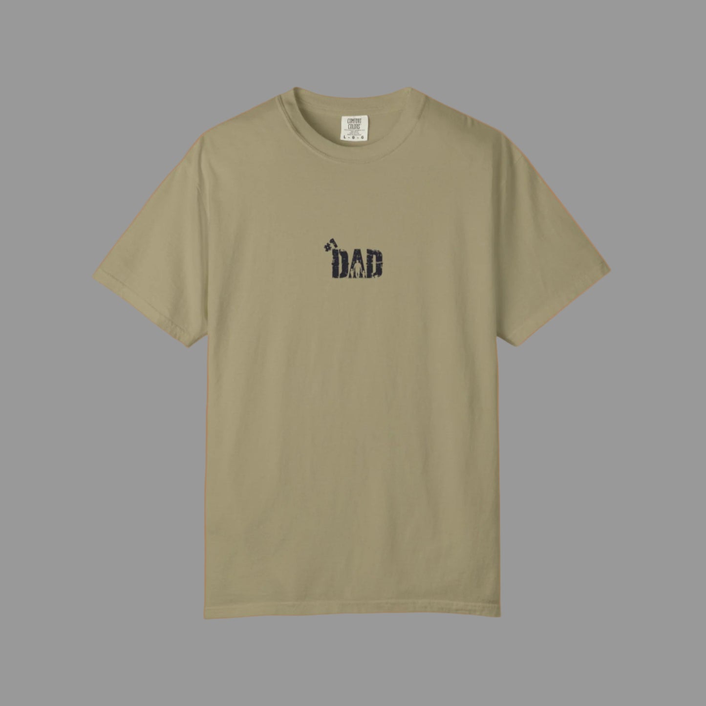 Beige t-shirt with 'DAD' text on a white background