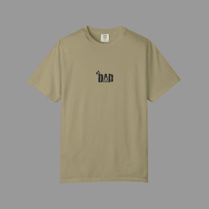 Beige t-shirt with 'DAD' text on a white background