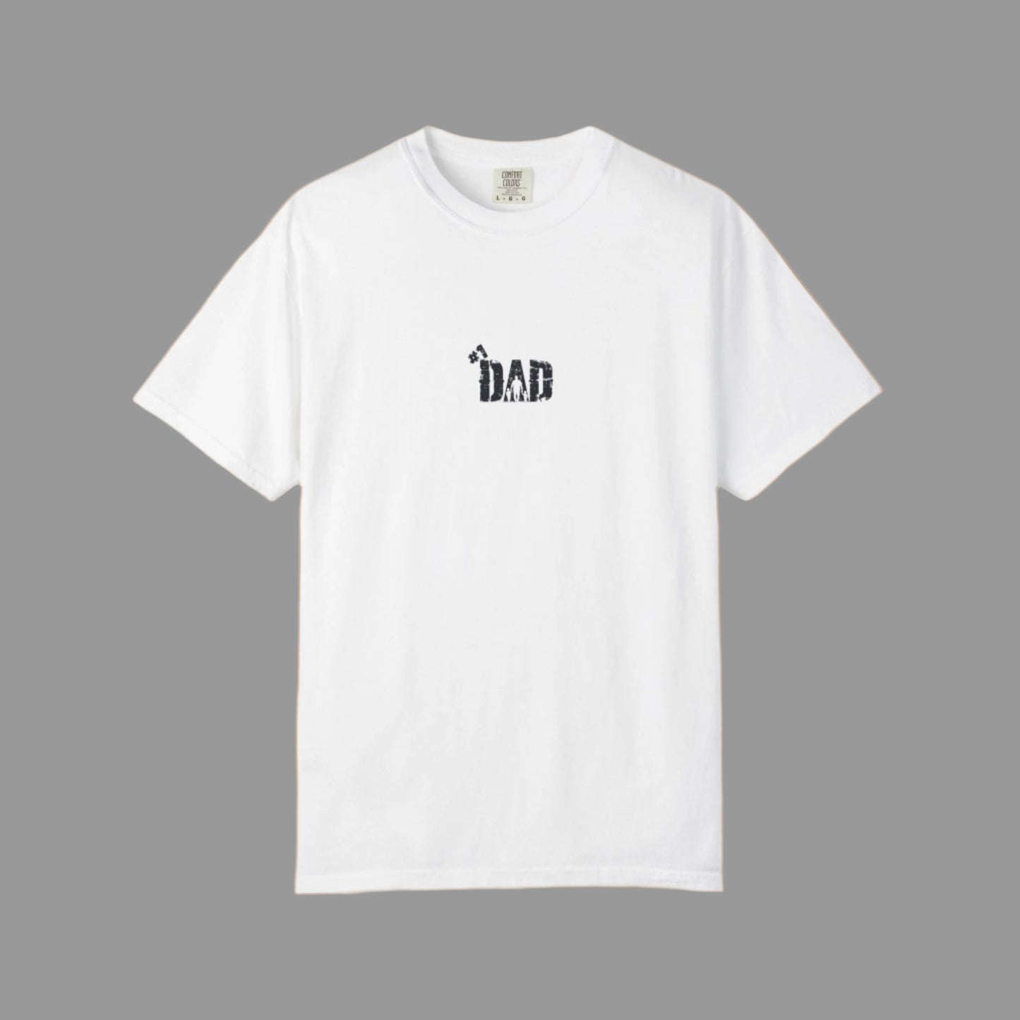 White t-shirt with 'DAD' text on a white background