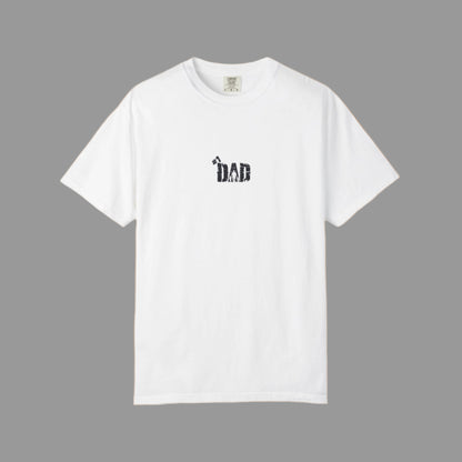 White t-shirt with 'DAD' text on a white background