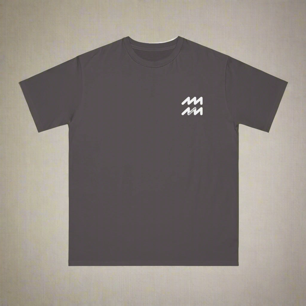 Dark gray t-shirt with a white logo on a white background