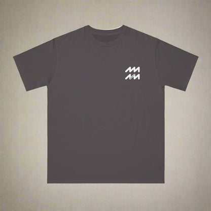 Dark gray t-shirt with a white logo on a white background