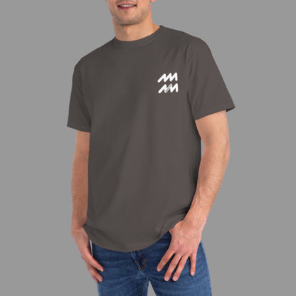 Man wearing a dark gray t-shirt with a logo on a white background
