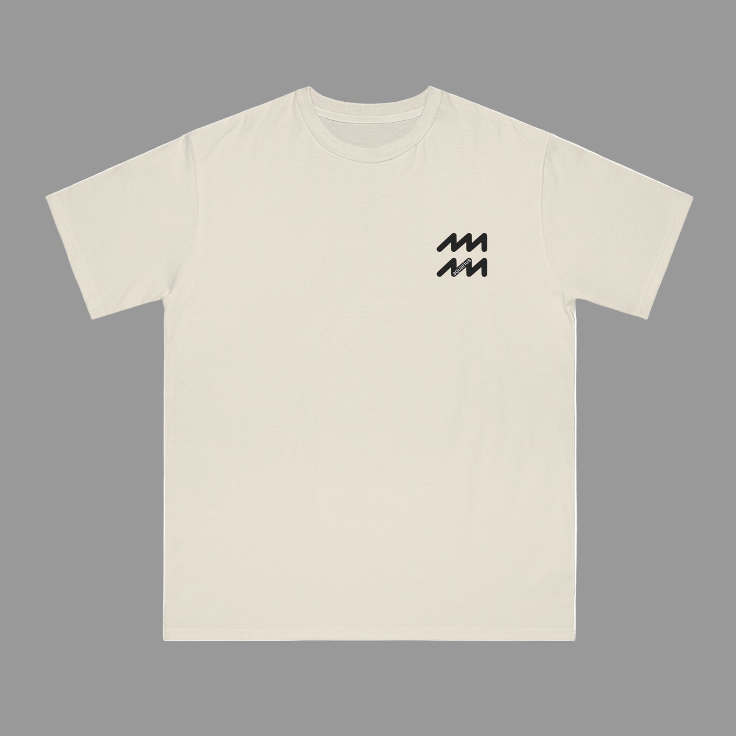 Beige t-shirt with a black logo on a white background