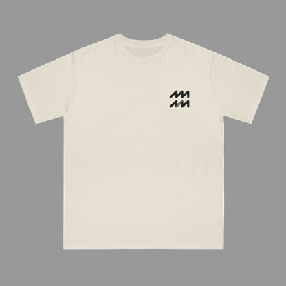 Beige t-shirt with a black logo on a white background