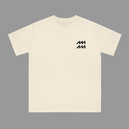 Beige t-shirt with black logo on a white background