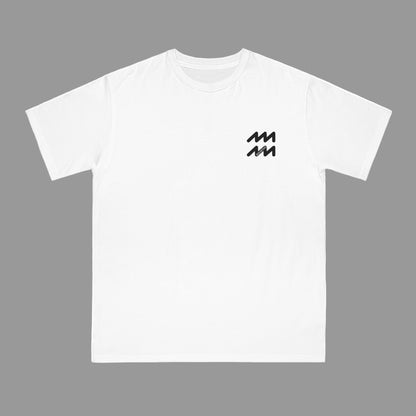 White t-shirt with black logo on a white background