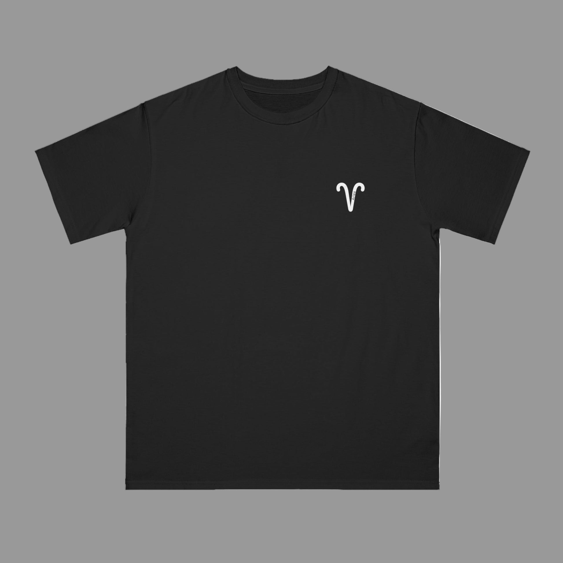 Black t-shirt with a white logo on a white background