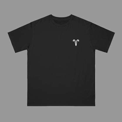 Black t-shirt with a white logo on a white background