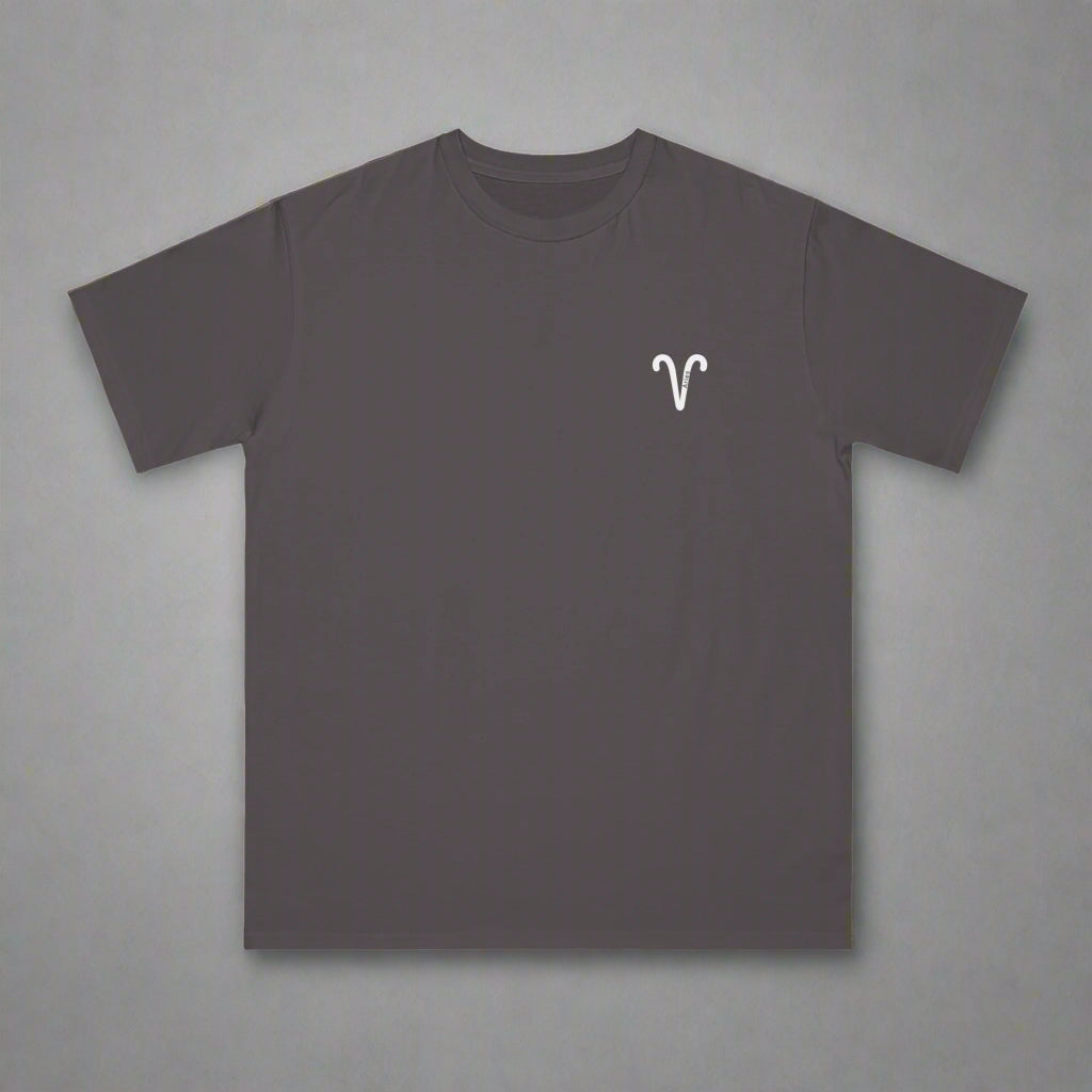 Dark gray t-shirt with a white logo on a white background