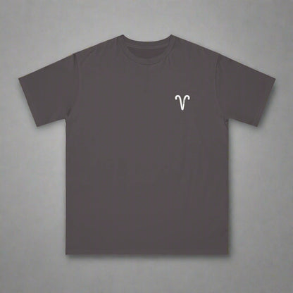 Dark gray t-shirt with a white logo on a white background