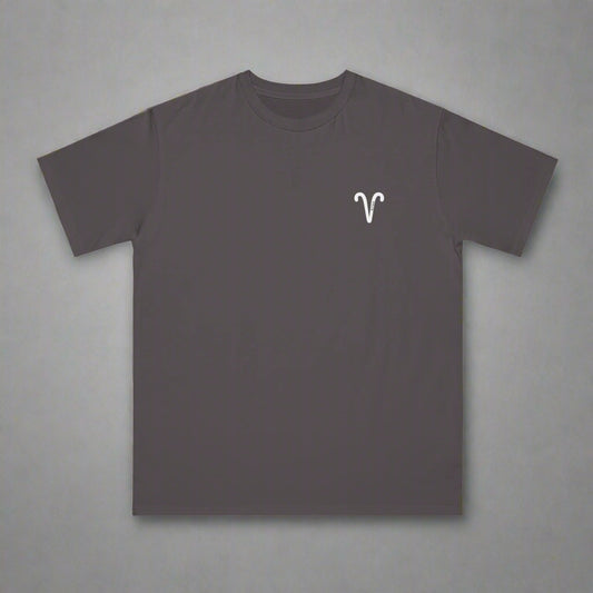 Dark gray t-shirt with a white logo on a white background