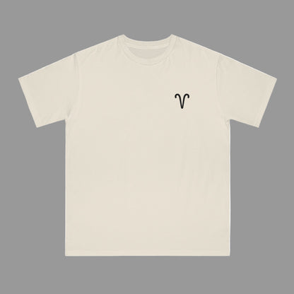 Beige t-shirt with a black symbol on a white background