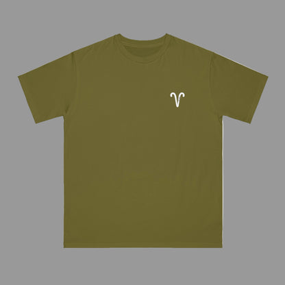 Green t-shirt with a white logo on a white background