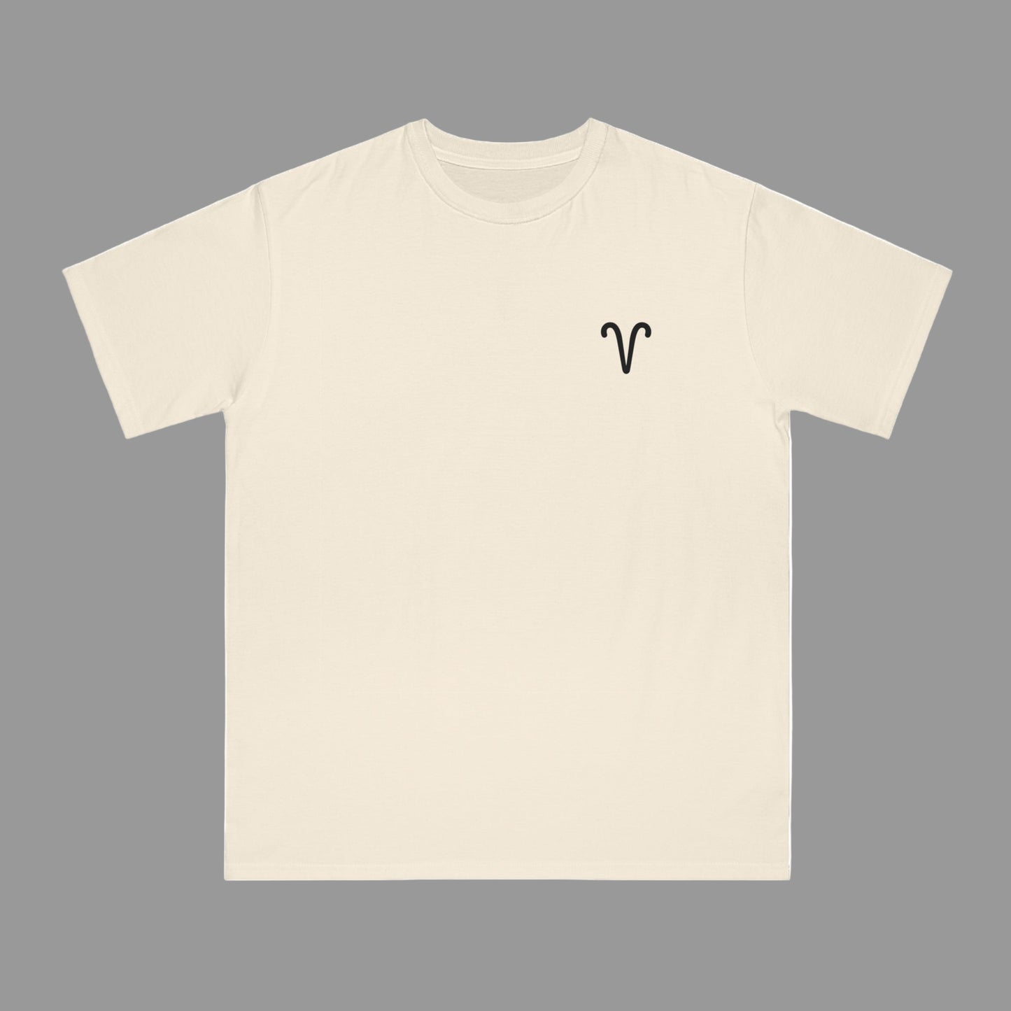 Beige t-shirt with a black symbol on a white background
