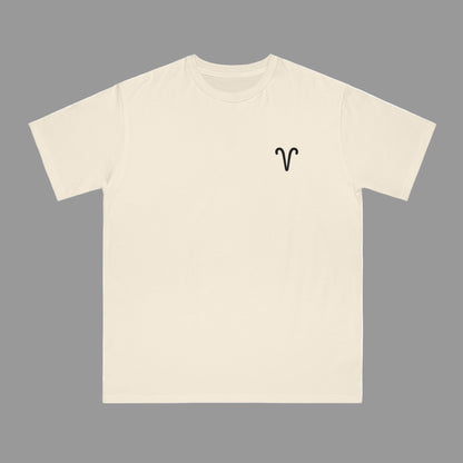 Beige t-shirt with a black symbol on a white background