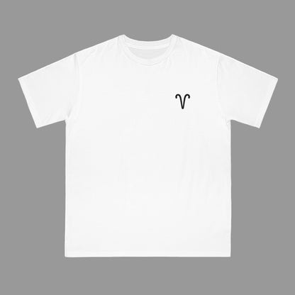 White t-shirt with a black symbol on a white background