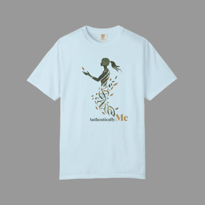Light blue t-shirt with a graphic design and 'Authentically Me' text on a white background