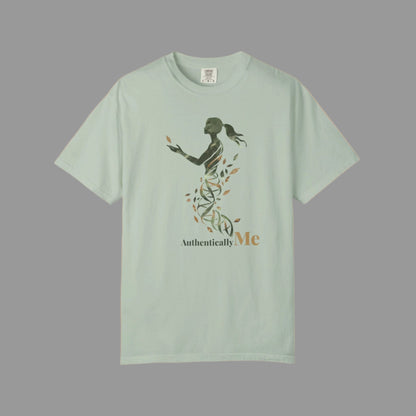 Light green t-shirt with a graphic design and 'Authentically Me' text on a white background
