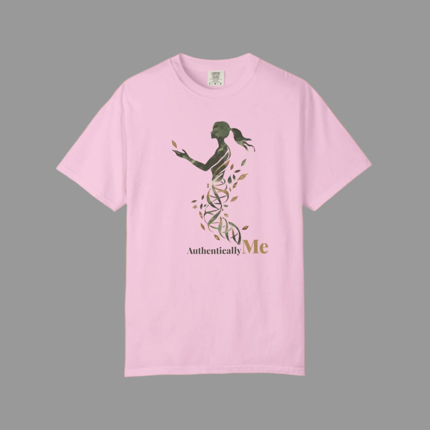 Pink t-shirt with a graphic design and 'Authentically Me' text on a white background