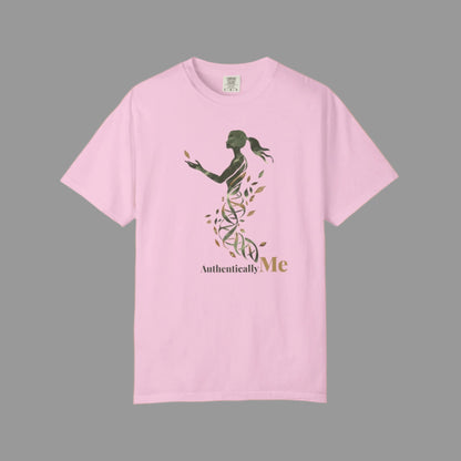 Pink t-shirt with a graphic design and 'Authentically Me' text on a white background