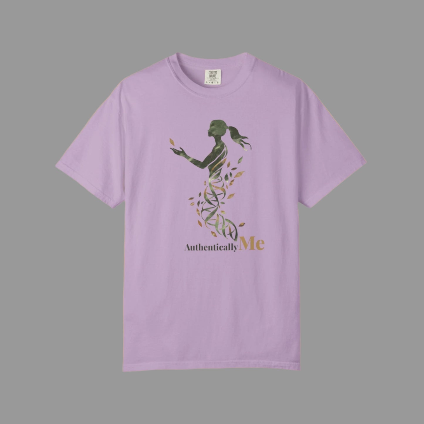 Lavender t-shirt with a graphic design and 'Authentically Me' text on a white background