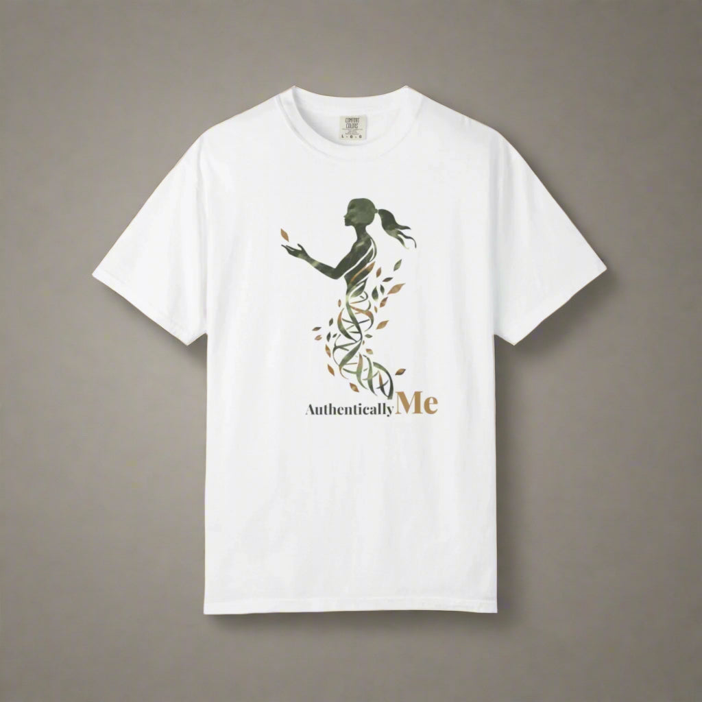 White t-shirt with a graphic design of a woman holding leaves and the text 'Authentically Me' on a white background.