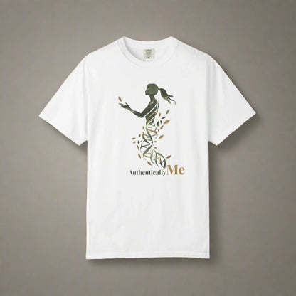 White t-shirt with a graphic design of a woman holding leaves and the text 'Authentically Me' on a white background.
