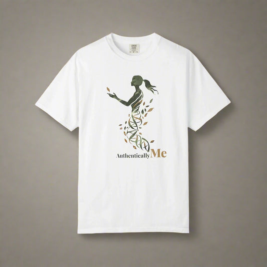 White t-shirt with a graphic design of a woman holding leaves and the text 'Authentically Me' on a white background.