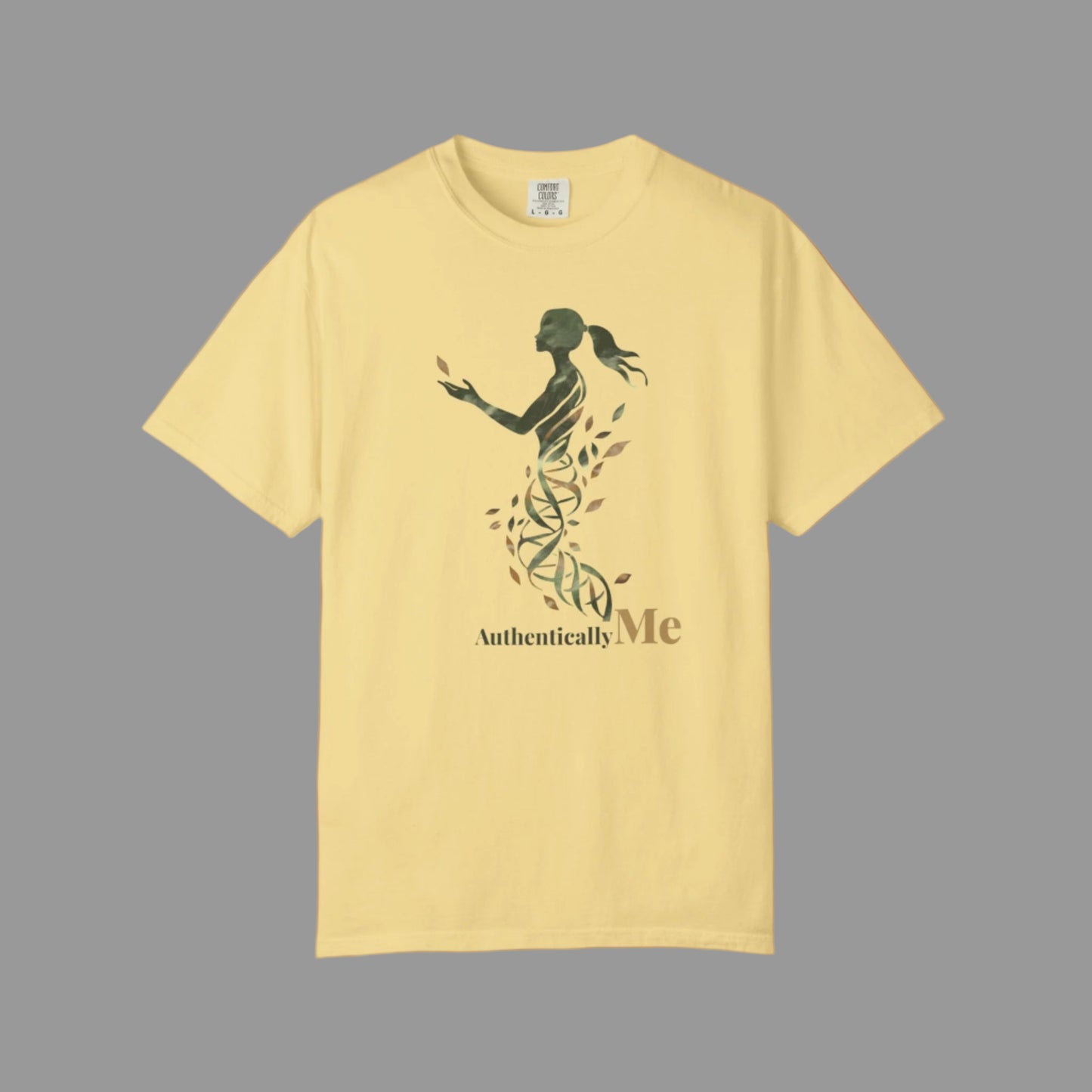 Yellow t-shirt with a graphic design and 'Authentically Me' text on a white background