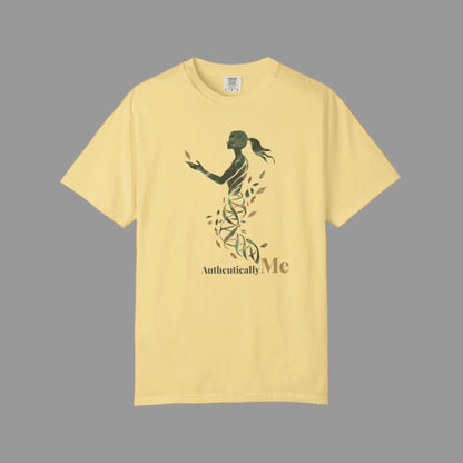 Yellow t-shirt with a graphic design and 'Authentically Me' text on a white background
