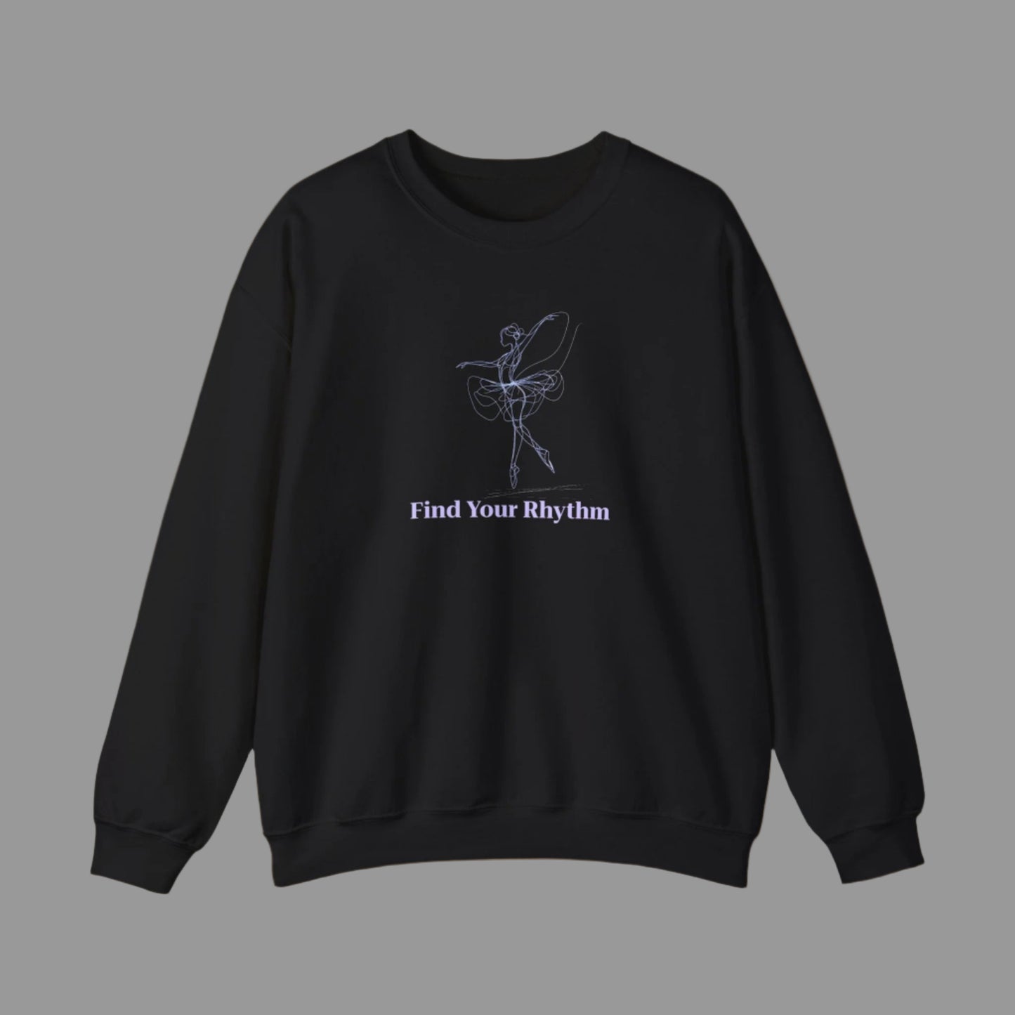Black sweatshirt with a dancer design and 'Find Your Rhythm' text on a white background