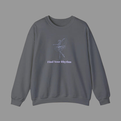 Gray sweatshirt with a graphic of a dancer and 'Find Your Rhythm' text on a white background