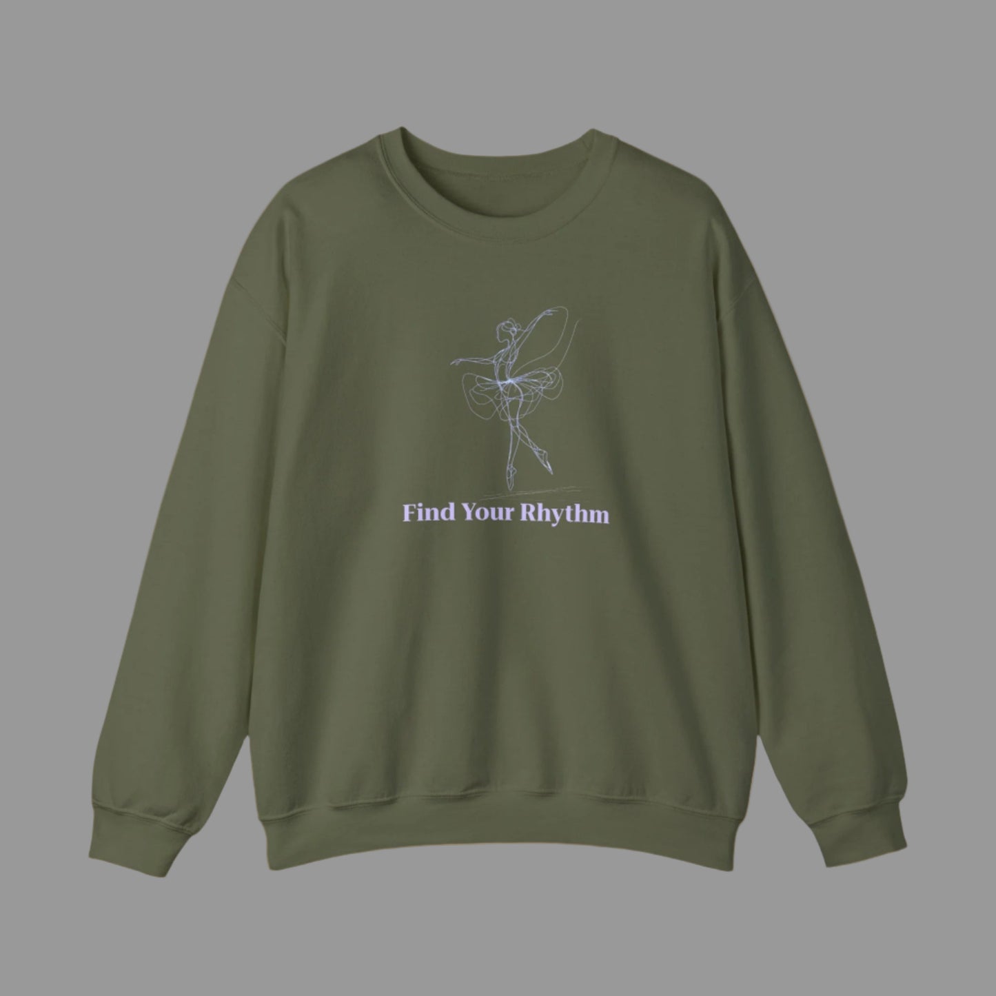Green sweatshirt with a ballet dancer graphic and 'Find Your Rhythm' text on a white background