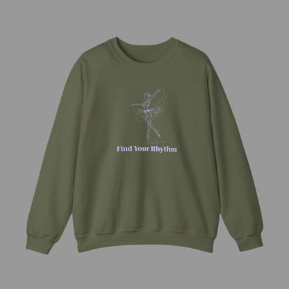 Green sweatshirt with a ballet dancer graphic and 'Find Your Rhythm' text on a white background