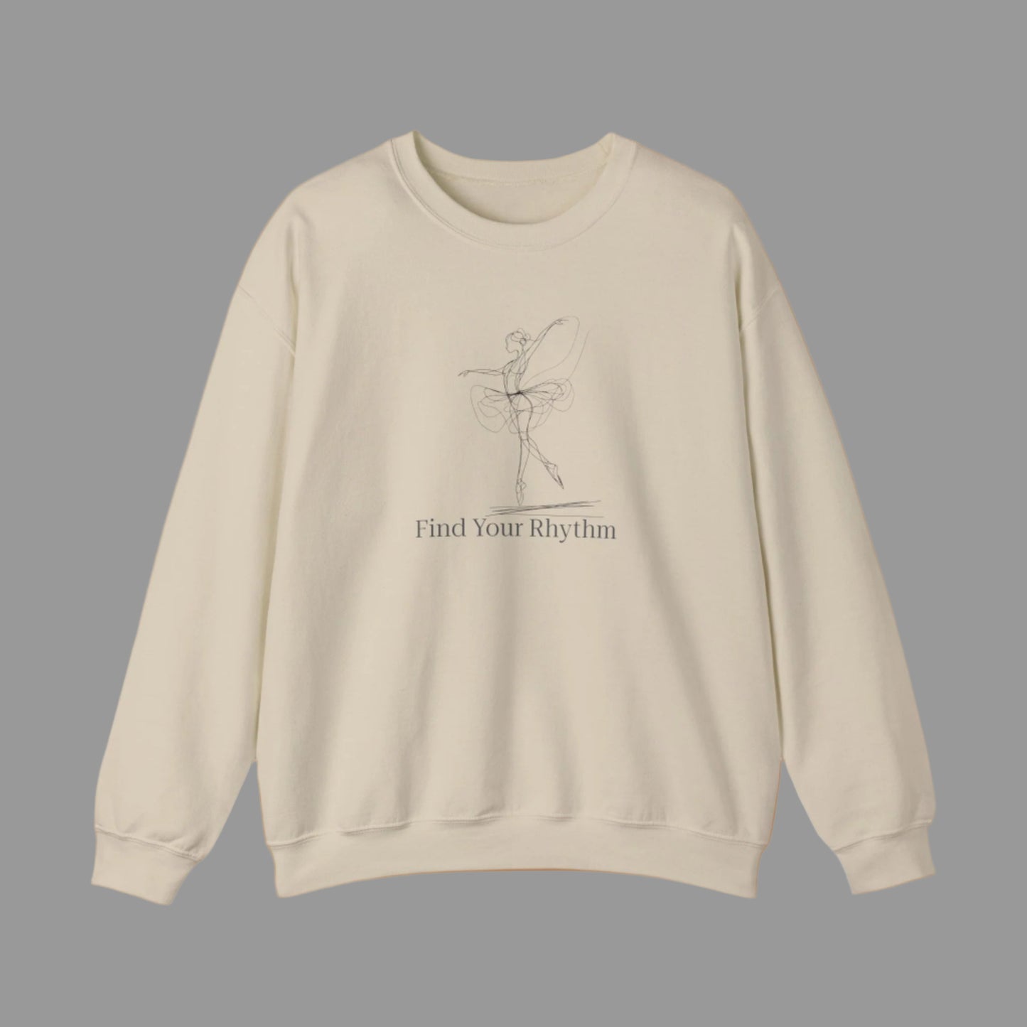 Beige sweatshirt with a graphic of a dancer and text 'Find Your Rhythm' on a white background