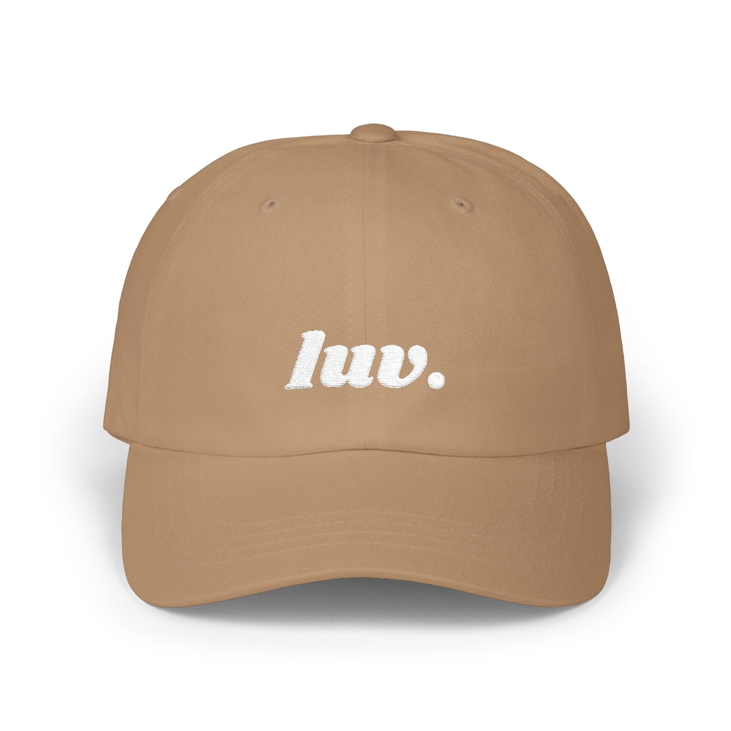 Brown cap with 'luv.' text on a white background