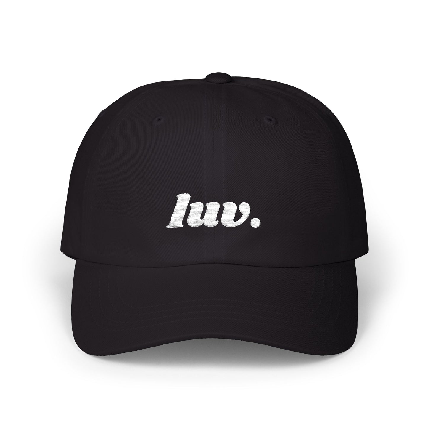 Black cap with 'luv.' text on a white background