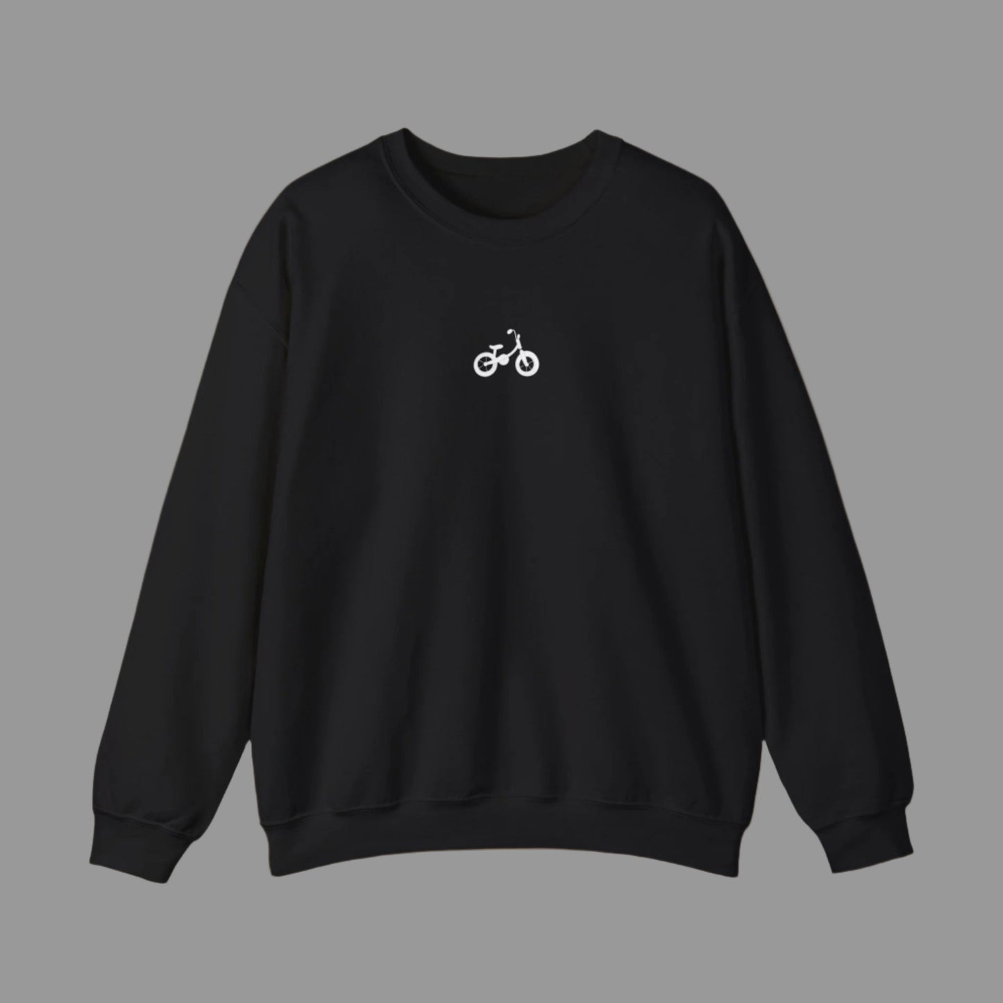 Black sweatshirt with a small white bicycle logo on a white background