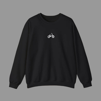 Black sweatshirt with a small white bicycle logo on a white background
